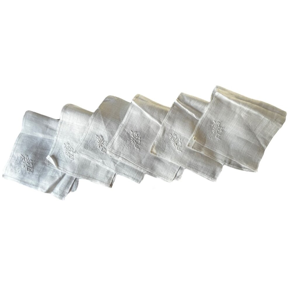 White Rayon Embroidered Napkins Set Of 6 VTG 15x15 Cottage core Pulled Thread